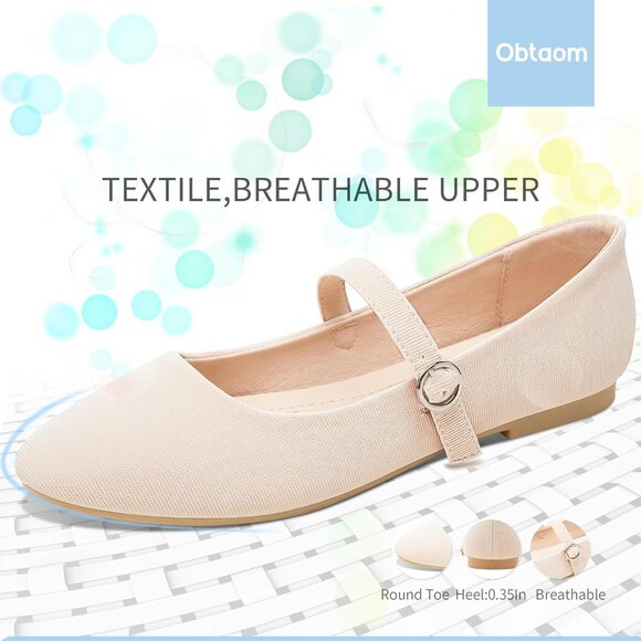Obtaom Women Beige Polyester Round Toe Comfortable Classic Strap Ballet Flat - Picture 3 of 6